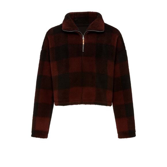 Buffalo Plaid Sherpa Half Zip Pullover Jacket – Burgundy Black – Women’s Medium - Picture 1 of 9